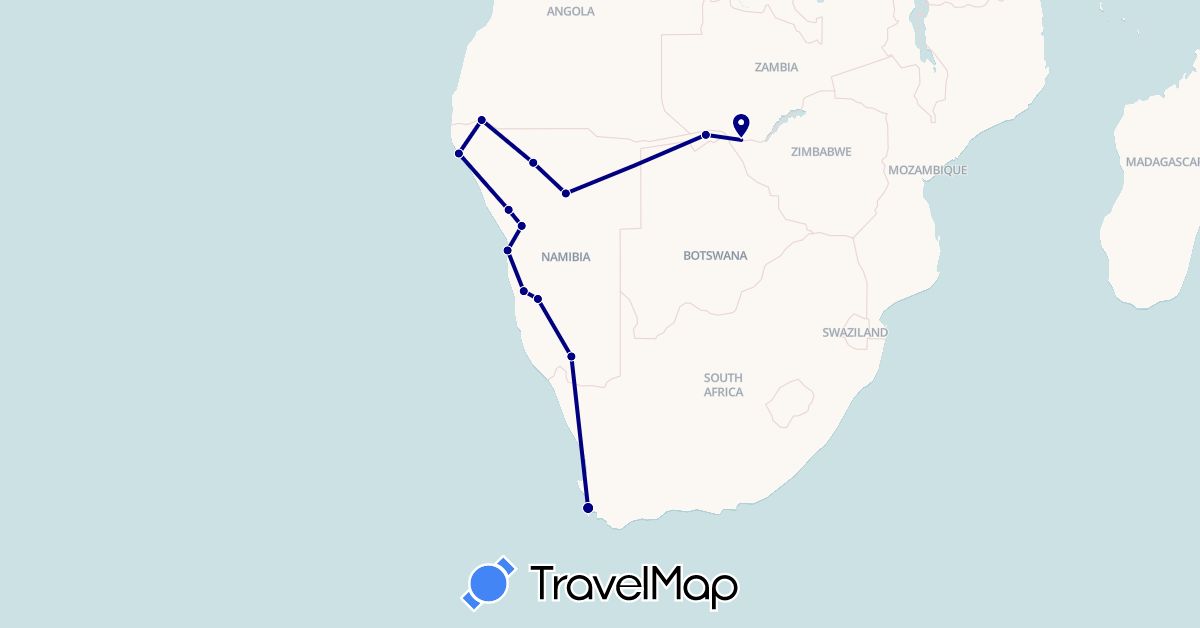 TravelMap itinerary: driving in Namibia, South Africa, Zambia (Africa)